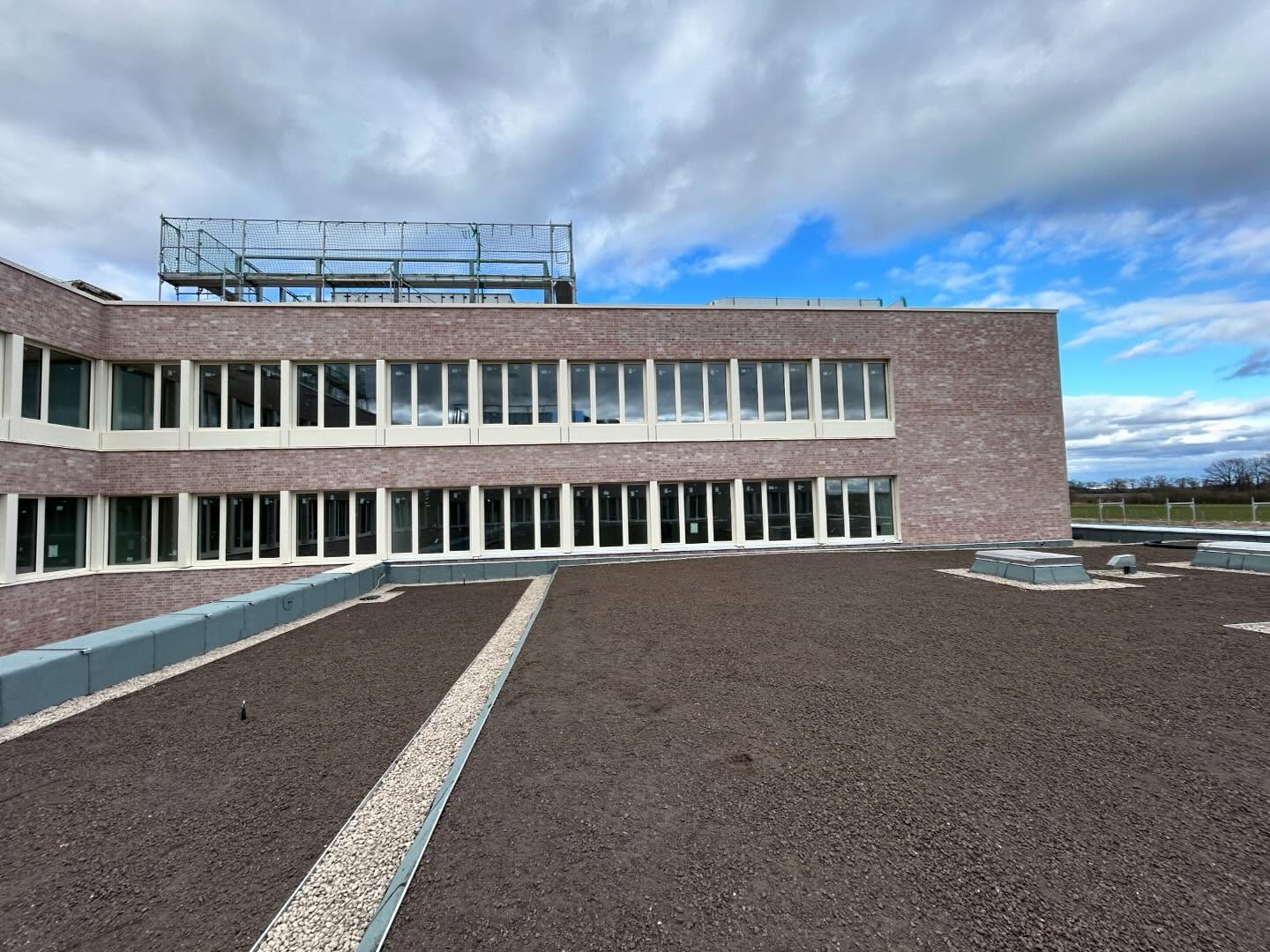 Flachdach eines Klinkerbaus mit Gerüst am Dachrand